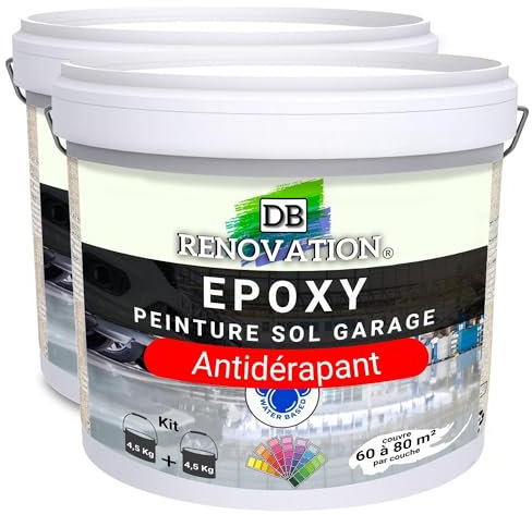 DB Rénovation Antidérapant Peinture Résine Epoxy sol béton Garage, parking - Gris 10KG Prêt à l'emploi - Trafic intense