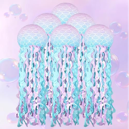 GOMETY 6 Stück Meerjungfrau Geburtstag Deko Papierlaterne, Party Deko Quallen Deko Meerjungfrau Geburtstagsdeko für Mädchen Ozean Unter Dem Meer Motto Party Hängende Dekorieren (Blau)