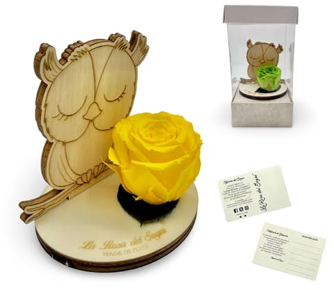 Rosa Stabilizzata con Gufo in Legno – Fiore Naturale a Lunga Durata, Intaglio Laser e Scatola Elegante – Idea Regalo Simbolica Made in Italy (Giallo)