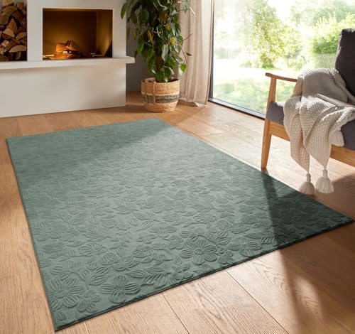 Taracarpet Kurzflor Boho Vintage Teppich waschbar, pflegeleicht geeignet für Wohnzimmer, Schlafzimmer und Kinderzimmer Kinderteppich auch als Badematte Badzimmerteppich Grün Floral 050x080 cm