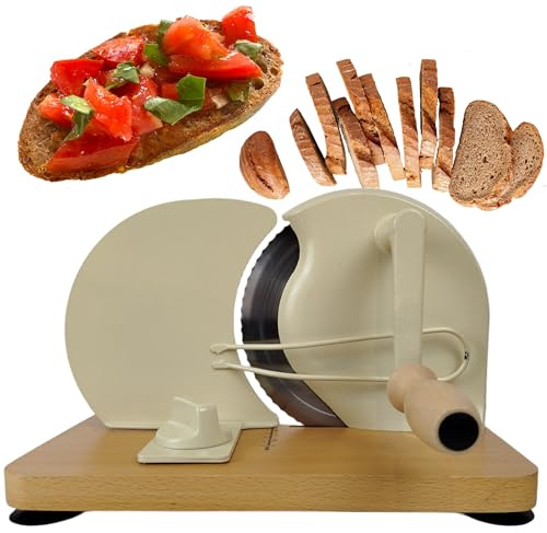 SLICER Manuelle Brotschneidemaschine, Allesschneider, Scheibendicke stufenlos wählbar 1-20mm, Schneidemaschine für Brot, Fleisch, Käse, Gemüse, auswechselbares Rundmesser (Weiß/White, Design 1)