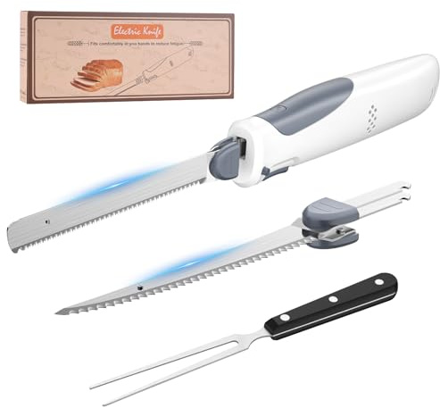 PAHTTO Elektromesser, Kabelloses Küchenmesser mit 2 Edelstahlklingen und Gabel, 8 V Elektrisches Messer Filetiermesser mit Sicherheitsverriegelung, für Fleisch, Fisch, Brot, Obst, Gemüse und Käse