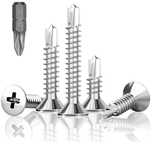 HXJDAM 100 Pcs Self Drilling Screws for Metal M4.8 x 45mm | Self Tapping Screws, 410 Stainless Steel, Cross Countersunk, Drill Tail, for Wood, Sheet Metal, Roofing, Rust Resistant
