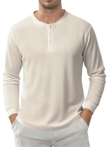 Dybycit Mens Henley Shirt Long Sleeve Grandad T-Shirts Casual Tops Button Shirts Beige