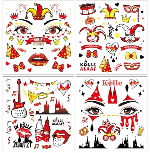VYNZOR 4 Bogen Gesichtstattoo Karneval Köln Accessoires, Face Tattoo Kölle, Köln Tattoos Karneval Aufkleber Gesicht Karneval für Karneval Kostüm Köln, Fasching Kostüm, Rot Weiss