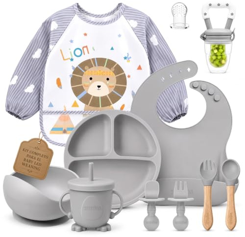 KITIKIDS - Vajilla Bebé Silicona Completa 10 Piezas,Set Alimentación BLW con Plato y Bol con Ventosa, Babero, Vaso con Pajita, Cubiertos de Aprendizaje y Madera, Chupete de Fruta y Mandil Impermeable