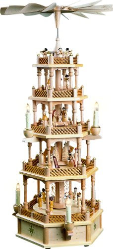 Weihnachtspyramide 4- stöckig Pyramide Christi Geburt Natur - 75 cm, elektrisch beleuchtet und betrieben - Original Erzgebirge - Richard Glässer, 16713