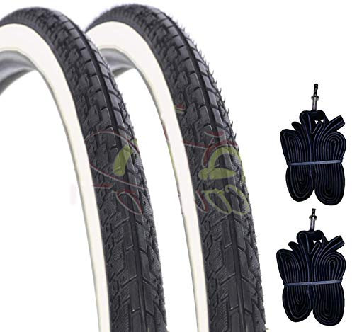 DEESTONE Kit 2 Zwei Reifen + 2 Zwei Kammern für Fahrrad MTB 26 x 1.75 Weiß Schwarz Slick STR.