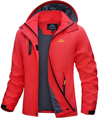 MAGCOMSEN Veste d'extérieur pour Femme - Veste de Transition légère - Coupe-Vent - Imperméable - Respirant - avec Capuche Amovible, Rouge, L