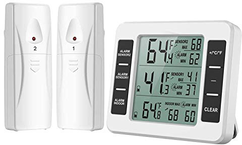 Refrigerator Thermometer, Wireless Digital Freezer Thermometer with 2 Wireless Sensors, Audible Alarm, Min/Max Record, LCD Display for Indoor Outdoor, Home, Restaurants, Fridge, Bars, Cafes