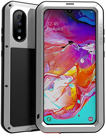 qichenlu Panzer Rüstung Silber Metallrahmen Hybrid Silikon Robuste Handyhülle für A70,Integriertes Display Schutz Glas Outdoor Case Ganzkörper Stoßfeste Hülle für Samsung Galaxy A70