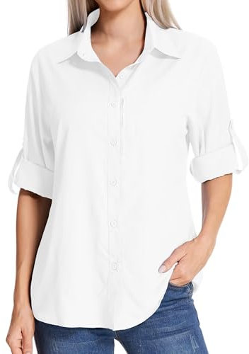 Jessie Kidden Damen UV 50 Sonnenschutz Langarm Wandershirts Damen LSF Sonnenschutz Safari Angeln Garten Kühlung Schnell Trocken Kleidung #5019-Weiß-S