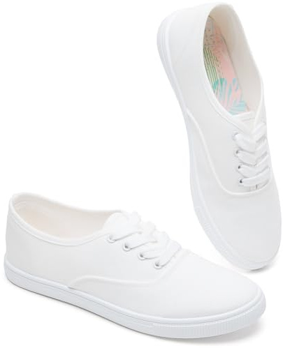 Womens Classic White Sneakers,Low Top White Canvas Shoes,Lightweight Casual Canvas Sneakers(White Flower.US8)