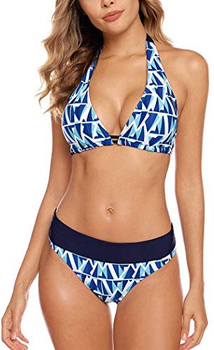 Aidotop Damen Bikini Set Triangel Badeanzug Strand Ties Zweiteiliger Bademode Bikinihose(Blue Geometry,L