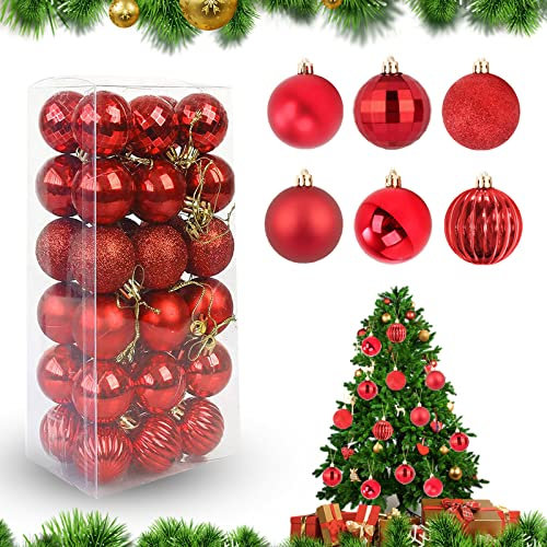 Feliciay - Set di 36 palline di Natale assortite, infrangibili, decorazioni per albero di Natale, decorazioni da appendere, decorazioni stagionali, feste di nozze, feste decorative (rosso, 4 cm)
