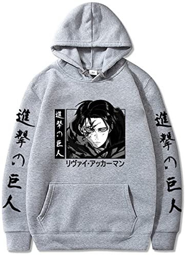 Sybnwnwm Attack on Titan Hoodie Levi Ackerman Hoodies Wings of Freedom Print Lange Ärmel Kapuzenpullover Sweatshirt Pullover, grau, L
