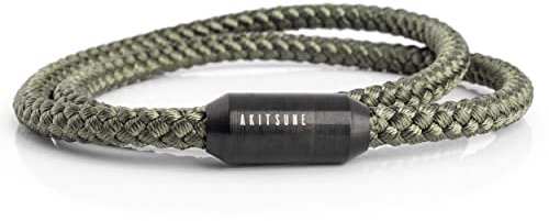 Akitsune Mare Cordage Nylon | 5 mm de Large | Fermeture Magntique Capsule Double Enroulement Femme Homme Maritime - Noir Mat-Vert Olive 20,00 cm