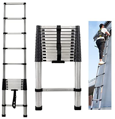 3,8m Teleskopleiter Ausziehleiter Edelstahlleiter für Wohnmobil/Dachboden/Büro/Warenhaus Mehrzweckleiter leicht zu tragen 150 Kg Belastbar