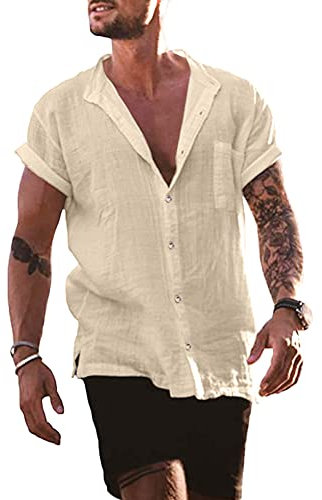 YAOBAOLE Oberhemd Herren Kurzarm Leinenhemd Herren Kurzarm Freizeithemd Herren Sommerhemden Mann Khaki L