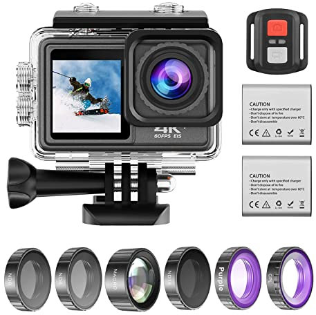 Camnoon 4K 24MP Dual Screen Sportkamera DV Camcorder 2,0 Zoll Bildschirm 170° Weitwinkel EIS 40m Wasserdichtes WLAN mit Makro CPL ND4 8 16 Violettes Objektiv für Outdoor-Sportarten