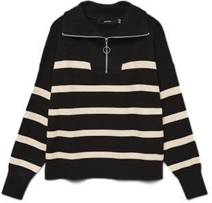 VERO MODA VMSABA Stripe LS Highneck Blouse GA Noos Tricot L/S, Noir/Rayures : Bouleau, L Femme