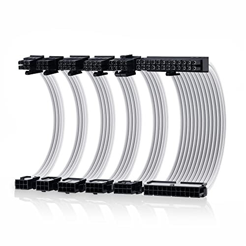 Cable Matters 12-inch 6-Piece Sleeved PSU Extension Cable Kit (Power Supply Extension Cable, PSU Cables Kit) in White – with 24-pin ATX, 4+4 Pin EPS, 2X 8-pin PCIe, and 2X 6-pin PCIe Extension Cables
