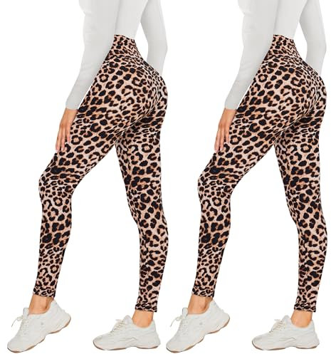 AMIYOYO 2er Pack Leggings für Damen High Waist Leggins Blickdicht Elastische Bauchweg Hosen Weiche Sporthose für Yoga Fitness Outdoor Freizeit(Leopardenmuster*2,L-XL=DE42-48)
