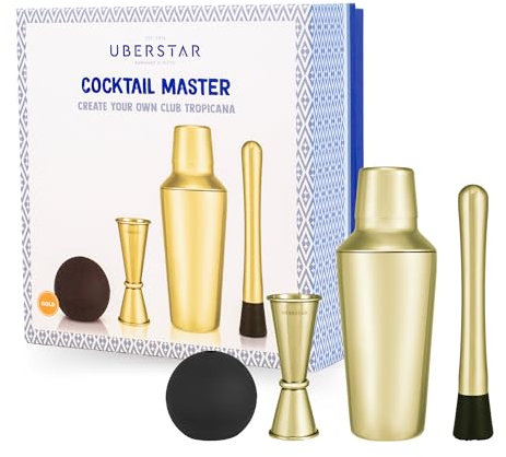 UBERSTAR Cocktail Master Gift Set Stainless Steel Cocktail Shaker, Muddler, Jigger and Giant Ice Ball (Gold)