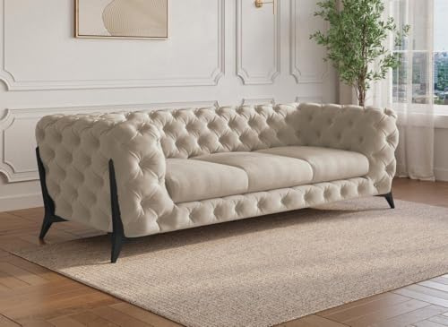 Canapé fixe 3 places capitonné chesterfield velours beige CARMEN