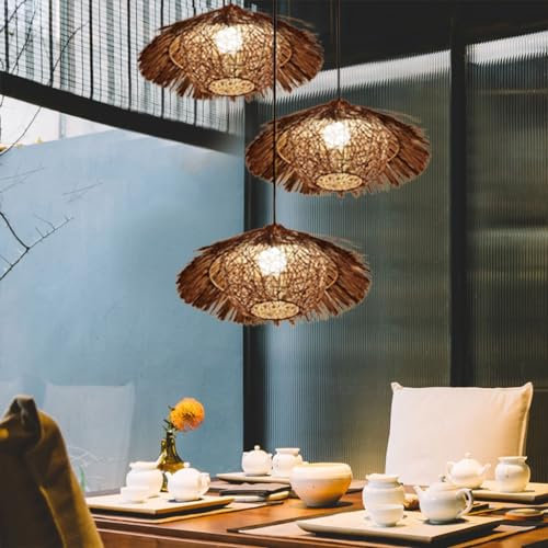 Kronleuchter Retro Rattan E27 Handgemachte Bambus Weblampe Runde Vogelnest Pendelleuchte Pastorale Landbeleuchtung Lampen Höhenverstellbare Restaurant Bauernhaus Bambus Kunst Hängeleuchte