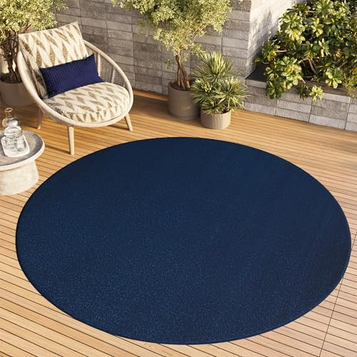 TAPISO Mono Rund Teppich Kurzflor Dunkelblau Indoor Outdoor 200 x 200 cm | UV-beständig Einfarbig Wohnzimmer Schlafzimmer Kinderzimmer Modern Design OEKO-TEX