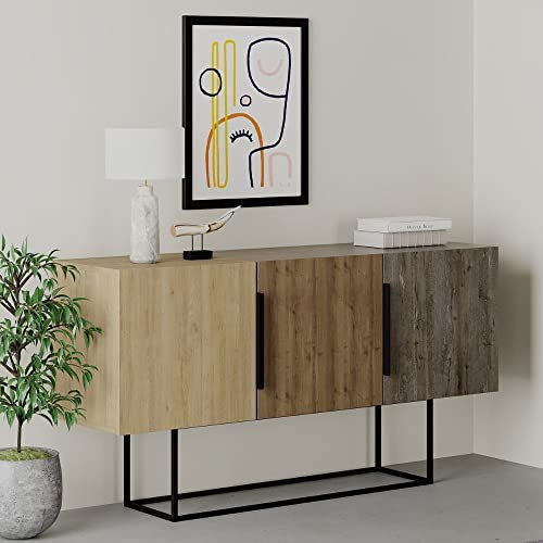 Sideboard 150 cm mit 3 Türen aus Eiche Nussbaum und Kaffee dunkel - Tontini