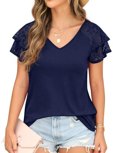 QIXING Women's Summer Blouses Double Lace Ruffle Short Sleeve V Neck Tops Loose Casual Tunic T-Shirts for Women UK (Navy Blue, XL)