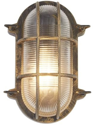 Licht-Erlebnisse Wandlampe außen in Gold antik H: 25 cm klein IP44 E27 Glas Aluminium Maritim Außenleuchte Terrasse Haus Wandleuchte