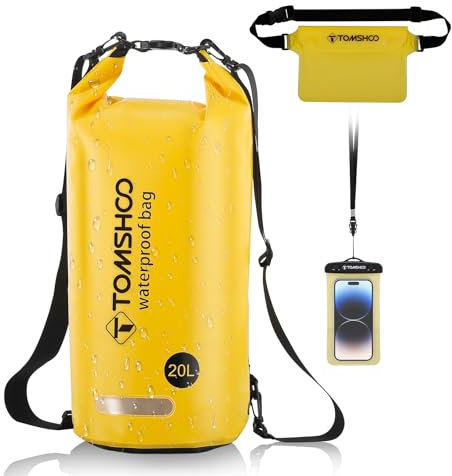TOMSHOO Dry Bag Set, 10L/20L Wasserdicht Rucksack mit Wasserfester Handytasche & Tasche, Verstellbarer Schultergurt, Waterproof Backpack für Kajak Fahren, Wandern, Camping, mehr, 10L, Gelb