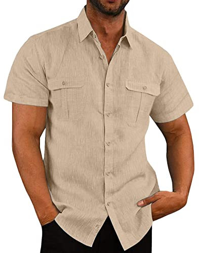 Linen Shirts for Men - Short Sleeve Button Down Casual Hawaiian Blouses - Cotton Linen Regular Fit Holiday Beach Solid Henley Shirt - UK Size 8-22
