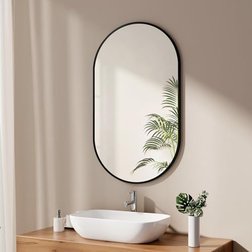 EMKE Badspiegel Oval 60 x 100 cm Spiegel mit Schwarzer Rahmen Wandspiegel Oval Horizontal/Vertikal Badezimmerspiegel Ovaler Spiegel Schwarz Dekorativer HD Wandspiegel für Badezimmer, Flur