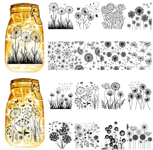 CREATCABIN 16 Stück Löwenzahn-Silhouetten,Einmachglas-Dekor,Blumenausschnitte,Aufkleber,Schmetterlingsornamente,Silhouette Für Gläser,Laternen,Wände,Fenster,Scrapbook,Schwarz,10x9cm Ohne Aufkleber