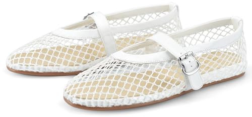 Adrizzlein Mesh Ballet Flats for Women Fishnet Ballerina Flats Buckle Strap Mesh Ballet Shoes Wide Width Casual Summer Dress Flat Shoes, White, 7 UK