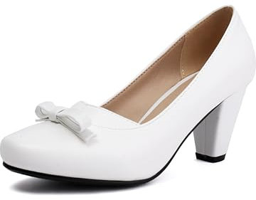 elerhythm Damen Mary Jane Bownot Geschlossene Runde Zehe Vintage Heels Gatsby 1920er Jahre Pumps 1950er Viktorianische Retro Schuhe (Weiß EU41)