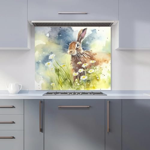 Premium Hare And Daisies Watercolour Kitchen Splashback 6mm Toughened Glass Kitchen Splashback – Heat Resistant Splashback for Kitchens, Perfect for Cookers and Hobs, Polished Edges