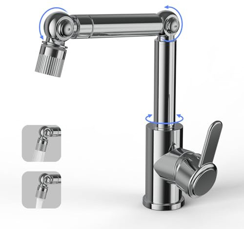 QHENS Grifo Lavabo, Grifos para Lavabos alto de Baño, Anti-Salpicadura Aireador Grifo de Extensor giratorio, 2 Modos, Agua Fría y Caliente, Cromo