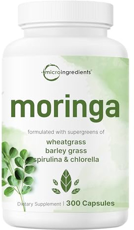 Micro Ingredients Moringa Oleifera | 300 Capsules with Supergreens Blend of Wheatgrass, Barley Grass, Spirulina, & Chlorella | Antioxidant Supplement, Energy, & Immune Support | Non-GMO