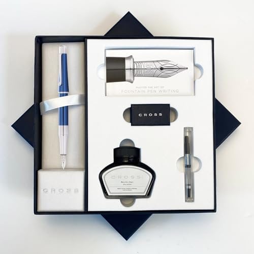 AT Cross Beverly Fountain Pen Luxury Pen Set with Ink and Converter Gift Boxed - Choose Nib Width and Colour (Cobalt Blue Fountain Pen Set)