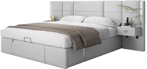 Polsterbett 180x200 cm, Modernes Doppelbett mit 2 Nachttischen, Bettrahmen aus PU-Stoff mit Holzlattenrost und Edelstahlblende, Hydraulischer Bett mit Stauraum, für Jugendliche und Erwachsene, Grau