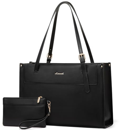 LOVEVOOK Laptoptasche 16 Zoll, Handtasche Damen Große Wasserdicht Arbeitstasche Shopper Business Tasche PU Leder Aktentasche Lehrertasche Elegante Schultertasche Women Tote Bag für Büro Uni Schwarz
