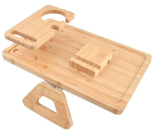 Mapille Mesa de Brazo de Sofá con Portateléfono y Portavasos Gran Capacidad Bandeja de Sofá de Bambú Plegable Bandeja de Brazo de Sofá con Clip Mesa Auxiliar Sofa para Snacks Teléfono Mando Tazas
