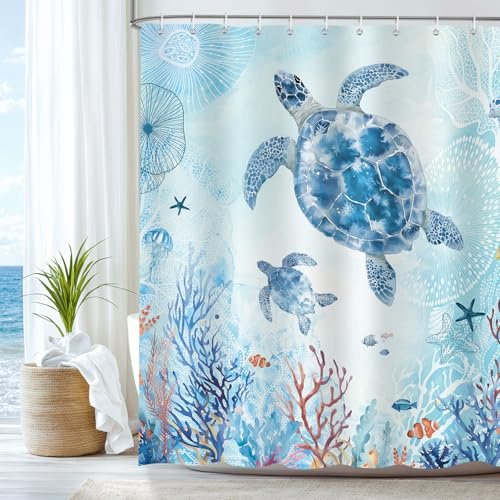 Dazzlewall Duschvorhang Meeresschildkröten 180x180cm, Blau Meer Unterwasserwelt Korallenriff Duschvorhänge, Wasserdicht Anti-Schimmel Polyesterstoff Bad Vorhäng für Badzimmer mit 12 Haken