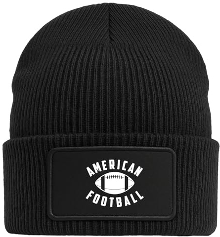 Huuraa Beanie American Football Ball Geschenk | Black Geschenkidee Schwarze Rippstrick Wintermütze mit austauschbarem Klett Patch