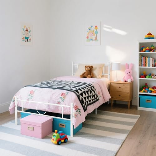 FurnitureR 3ft Single Metal Bed Frame Nordic Modern Style,Metal Poweder Coated Bed With Sturdy Slat for Teenagers/Adults/Twin,for Bedroom, Student Dorm, Multiple scenes,Circle Design Hook,White